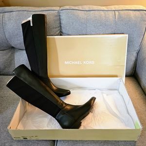 New Michael Kors Bromley Flat Black Leather Stretch Boots Size 9M
